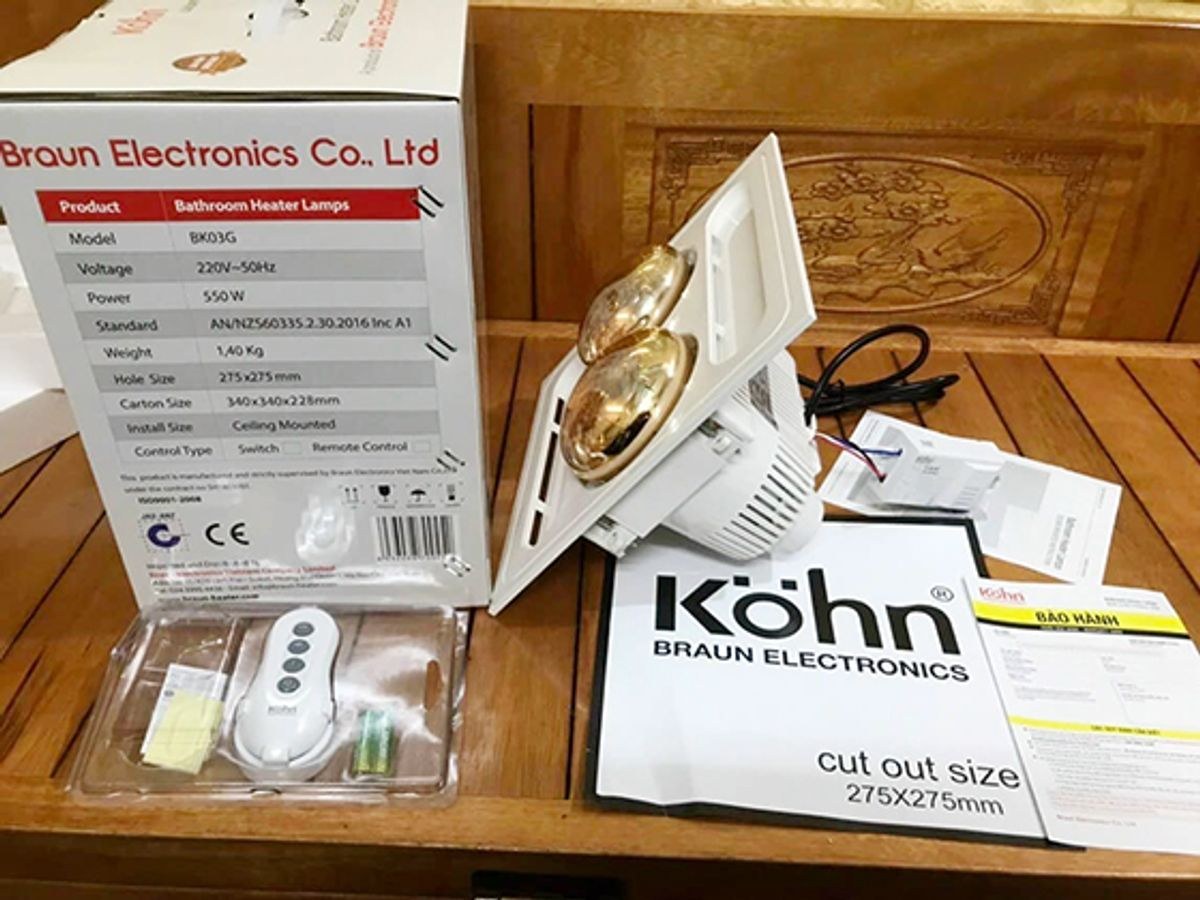 Đèn sưởi nhà tắm 2 bóng Braun Kohn âm trần điều khiển từ xa 550W BK03GR - Thiết kế âm trần gọn gàng