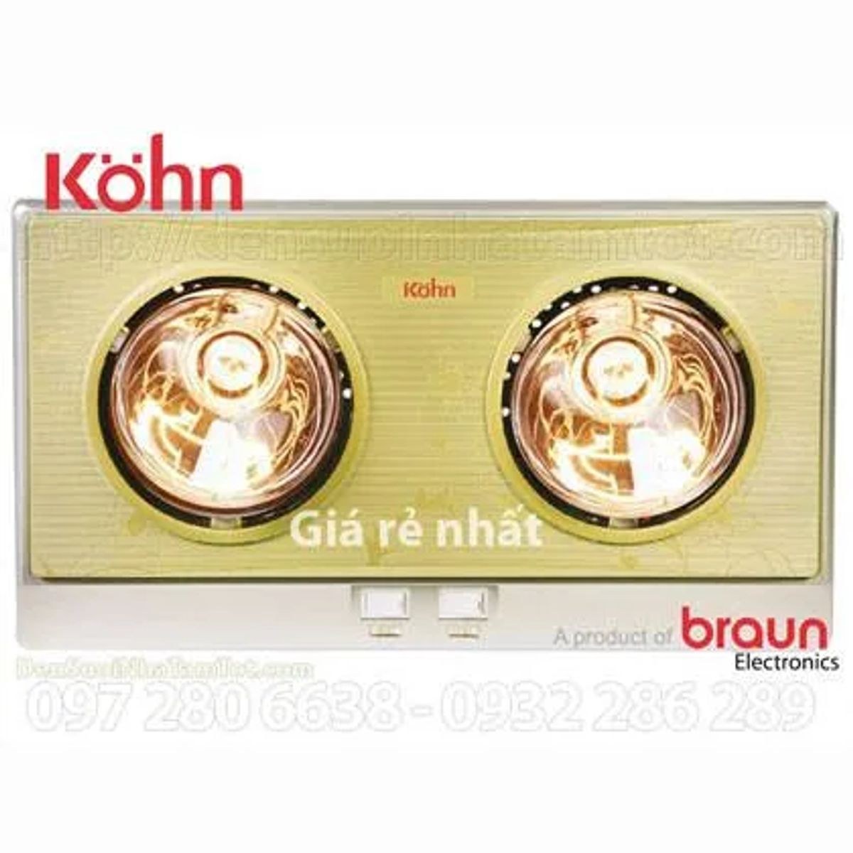 Đèn sưởi nhà tắm 2 bóng Braun Kohn treo tường 550W KN02G - Điều khiển bằng công tắc đơn giản