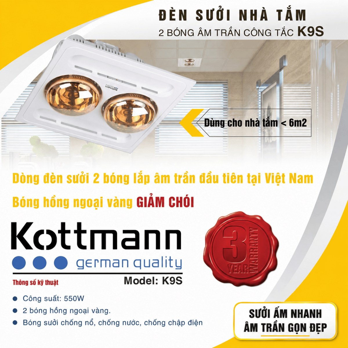 Đèn sưởi nhà tắm 2 bóng Kottmann âm trần 550W K9S - Thiết kế âm trần gọn gàng