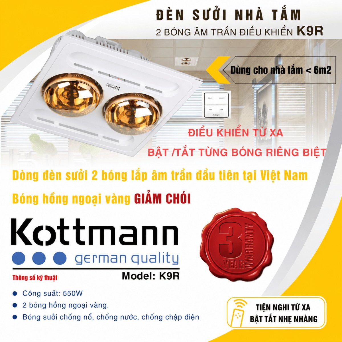 Đèn sưởi nhà tắm 2 bóng Kottmann âm trần điều khiển từ xa 550W K9R - Thiết kế âm trần gọn gàng