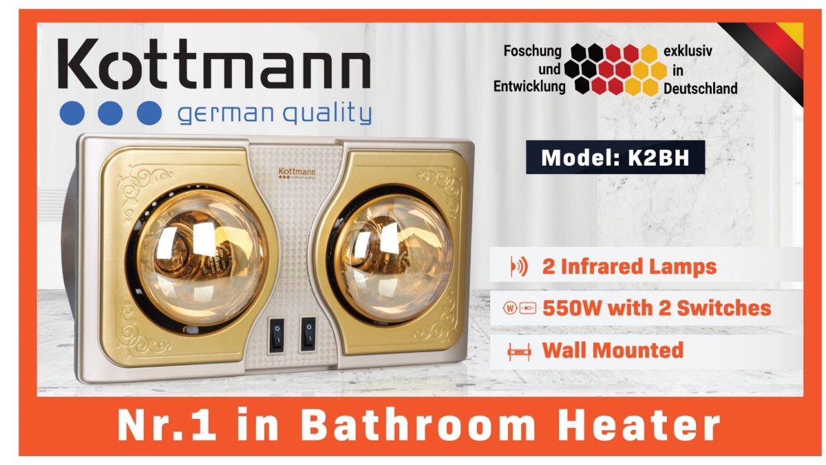 Đèn sưởi nhà tắm 2 bóng Kottmann treo tường 550W K2BH - Chuẩn chống nước IPX2