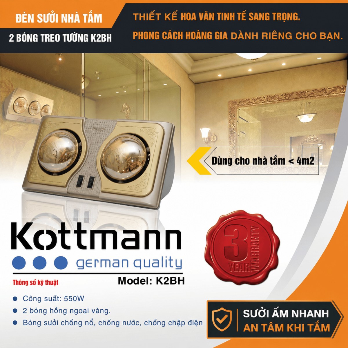 Đèn sưởi nhà tắm 2 bóng Kottmann treo tường 550W K2BH - Thiết kế treo tường tiện lắp đặt