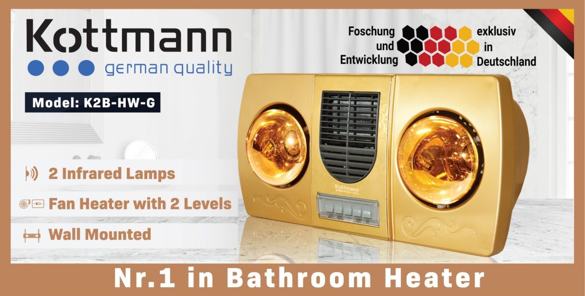 Đèn sưởi nhà tắm 2 bóng Kottmann treo tường kèm thổi gió nóng K2B-HW - Bật/tắt bằng công tắc đơn giản