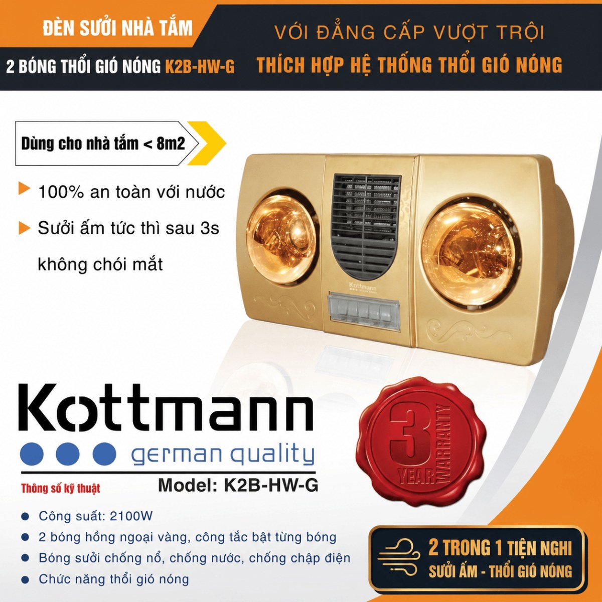 Đèn sưởi nhà tắm 2 bóng Kottmann treo tường kèm thổi gió nóng K2B-HW - Thiết kế treo tường tiện lắp đặt