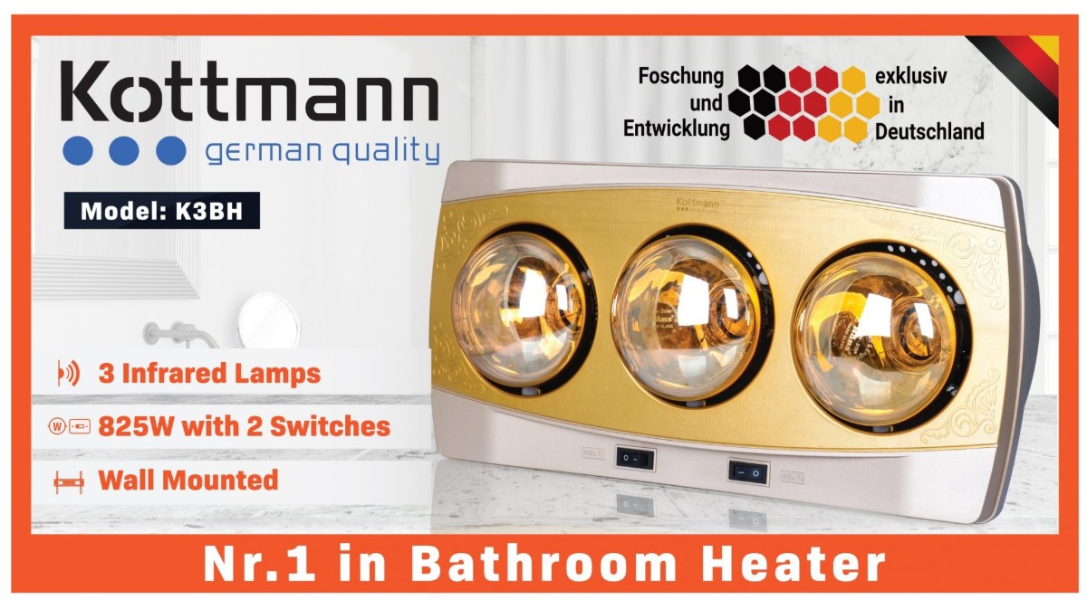 Đèn sưởi nhà tắm 3 bóng Kottmann treo tường 825W K3BH - Chuẩn chống nước IPX2