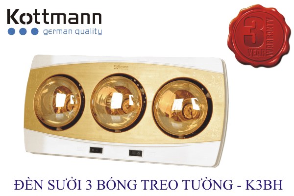 Đèn sưởi nhà tắm 3 bóng Kottmann treo tường 825W K3BH - Sưởi ấm nhanh với 3 bóng hồng ngoại