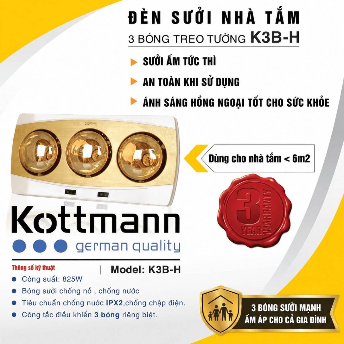 Đèn sưởi nhà tắm 3 bóng Kottmann treo tường 825W K3BH - Thiết kế treo tường tiện lắp đặt