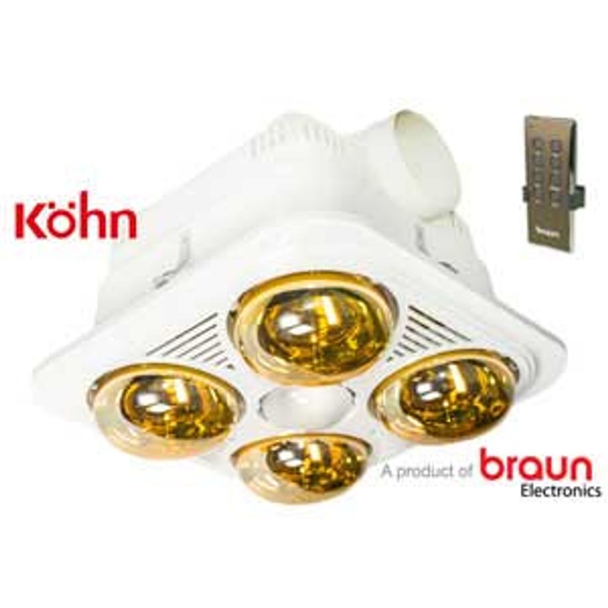Đèn sưởi nhà tắm 4 bóng Braun Kohn âm trần kèm thông gió điều khiển từ xa 1100W BU04GR - Sưởi ấm nhanh bằng 4 bóng hồng ngoại vàng