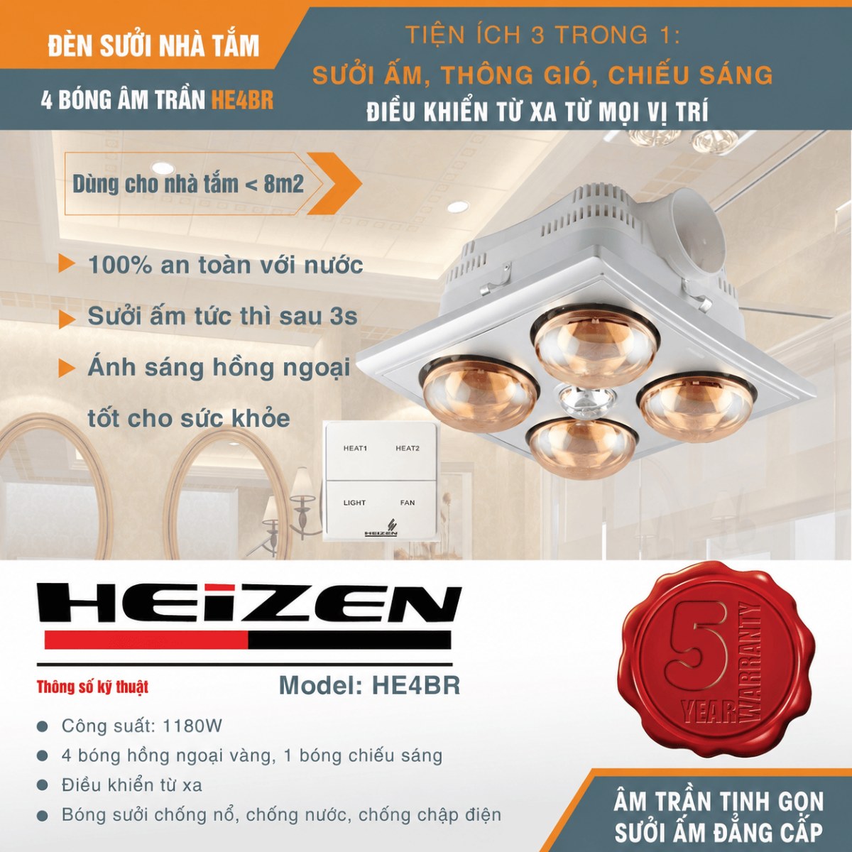 Đèn sưởi nhà tắm 4 bóng Heizen âm trần điều khiển từ xa 1100W HE4BR - Sưởi ấm nhanh với 4 bóng hồng ngoại