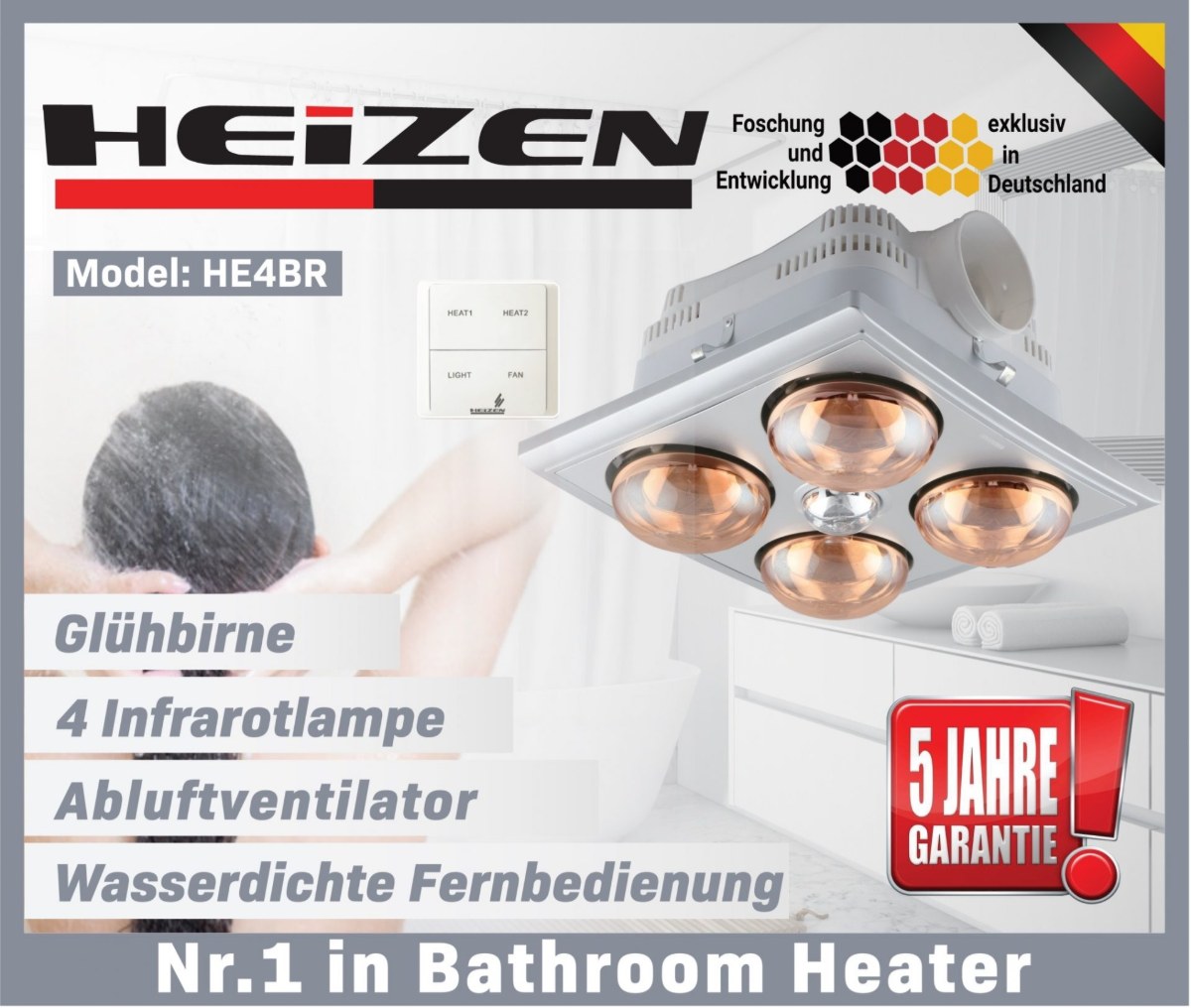 Đèn sưởi nhà tắm 4 bóng Heizen âm trần điều khiển từ xa 1100W HE4BR - Thiết kế âm trần gọn gàng