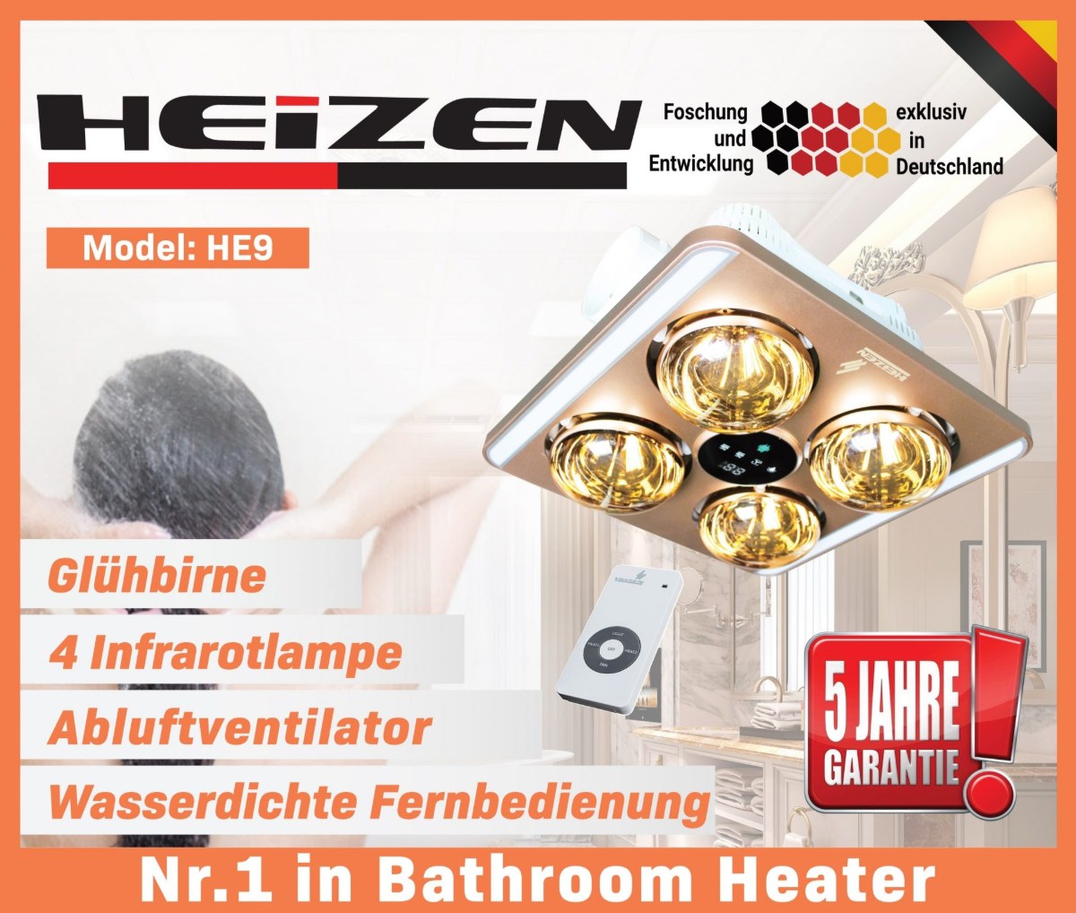 Đèn sưởi nhà tắm 4 bóng Heizen âm trần màn hình LED kèm thông gió điều khiển từ xa 1100W HE9 - Điều khiển từ xa tiện lợi