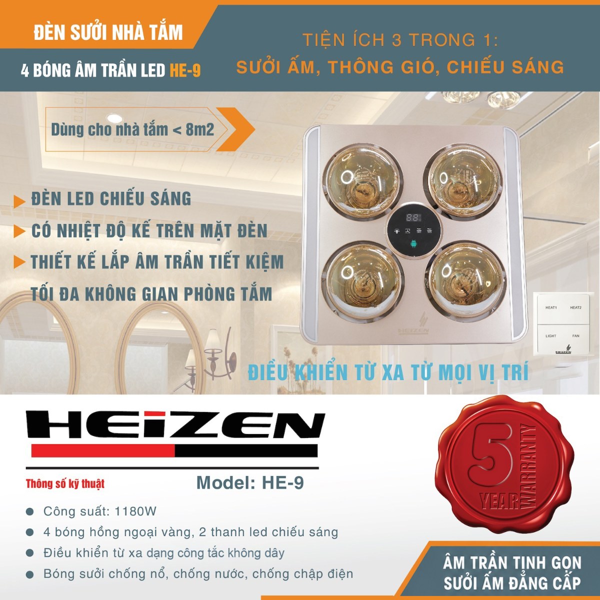 Đèn sưởi nhà tắm 4 bóng Heizen âm trần màn hình LED kèm thông gió điều khiển từ xa 1100W HE9 - Sưởi ấm nhanh với 4 bóng hồng ngoại
