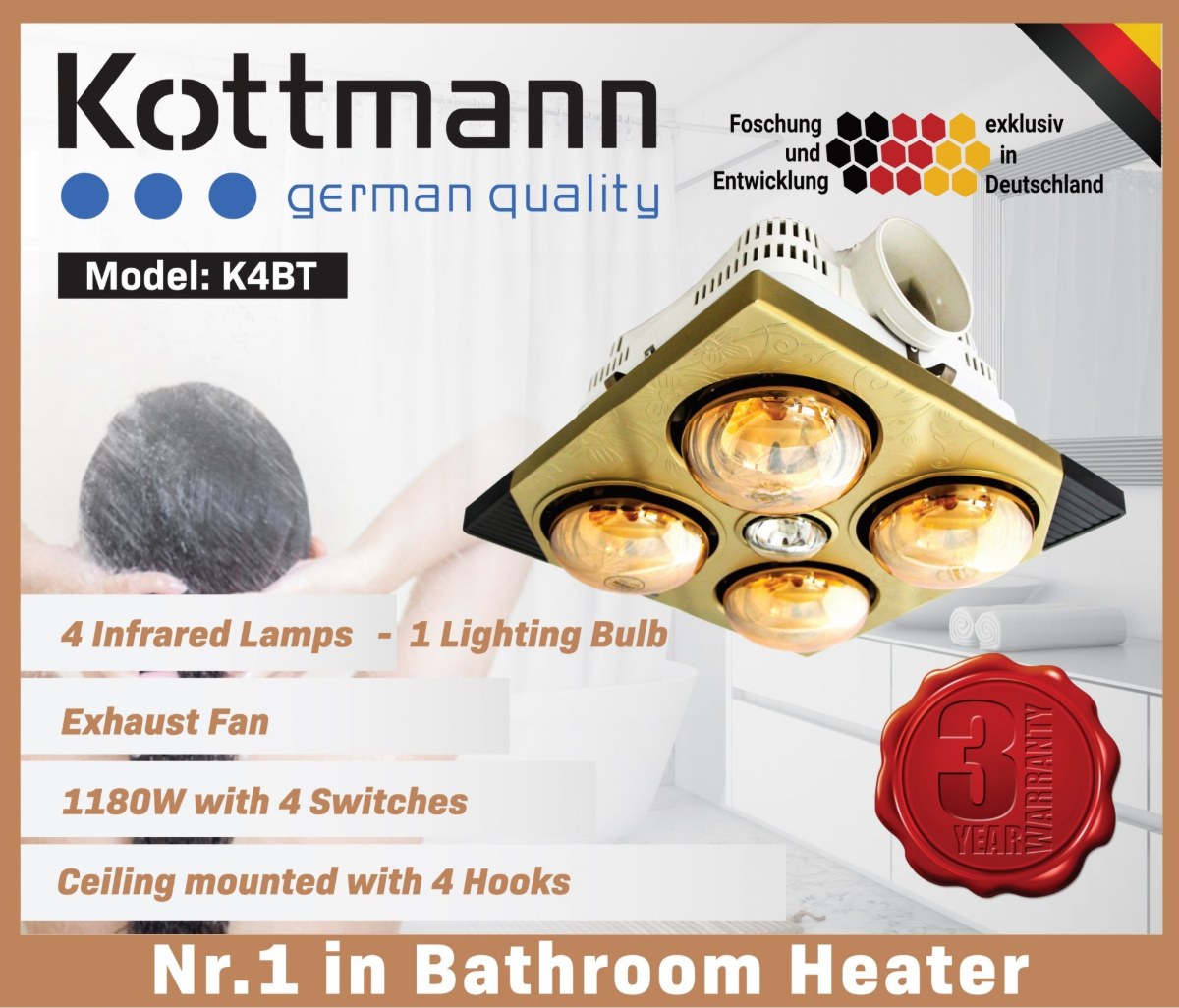 Đèn sưởi nhà tắm 4 bóng Kottmann âm trần 1180W K4BT - Bật/tắt bằng công tắc đơn giản