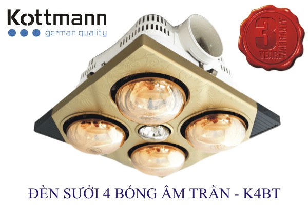 Đèn sưởi nhà tắm 4 bóng Kottmann âm trần 1180W K4BT - Sưởi ấm nhanh với 4 bóng hồng ngoại