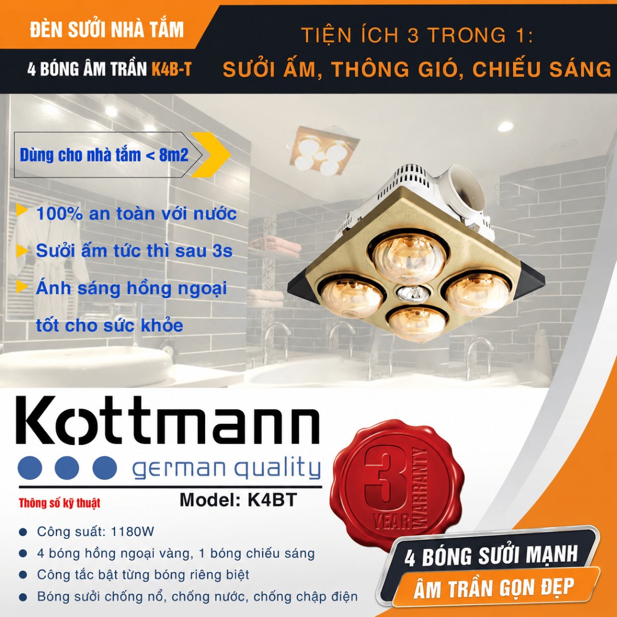 Đèn sưởi nhà tắm 4 bóng Kottmann âm trần 1180W K4BT - Thiết kế âm trần gọn gàng
