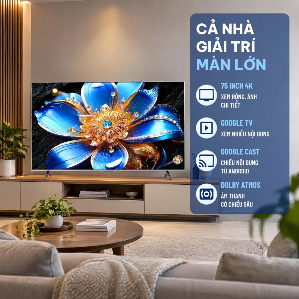 Google Tivi QLED TCL 4K 75 inch 75T6D Mới 2026 - Multi View và kết nối đầy đủ