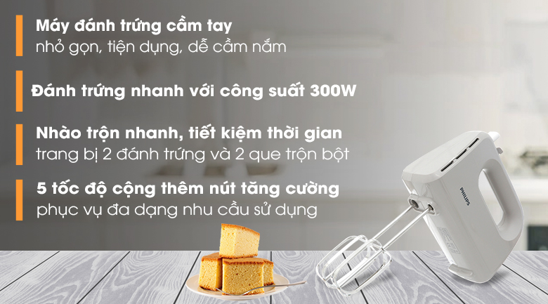 Máy đánh trứng cầm tay Philips Daily Collection 300W HR3705/20 - Công suất 300W mạnh mẽ, 5 tốc độ + Turbo