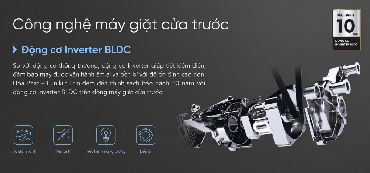 Máy giặt Funiki Inverter 12.5 kg HWM F8125ADG Hàng Thái Lan - Động cơ Inverter BLDC bền bỉ, tiết kiệm điện