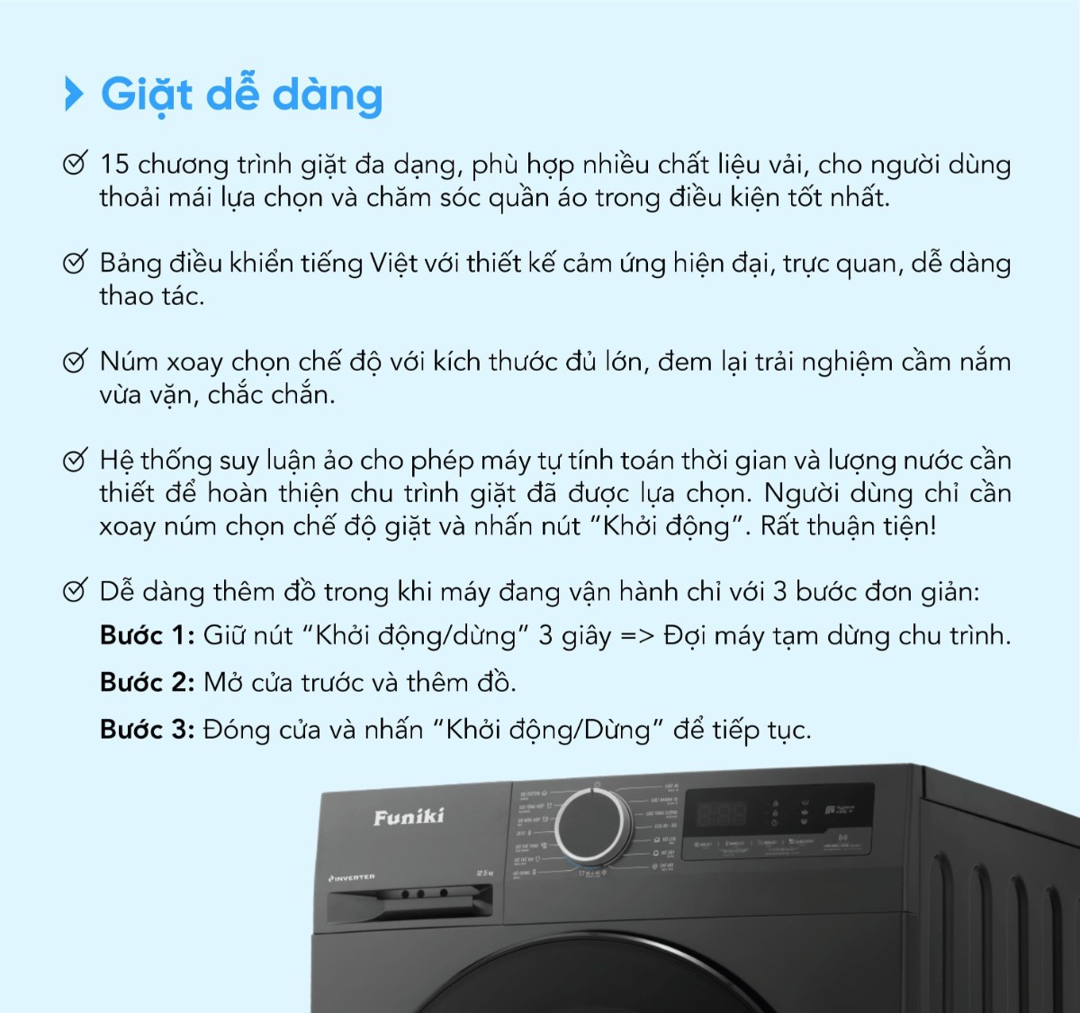 Máy giặt Funiki Inverter 12.5 kg HWM F8125ADG Hàng Thái Lan - Giặt giũ dễ dàng với 15 chương trình