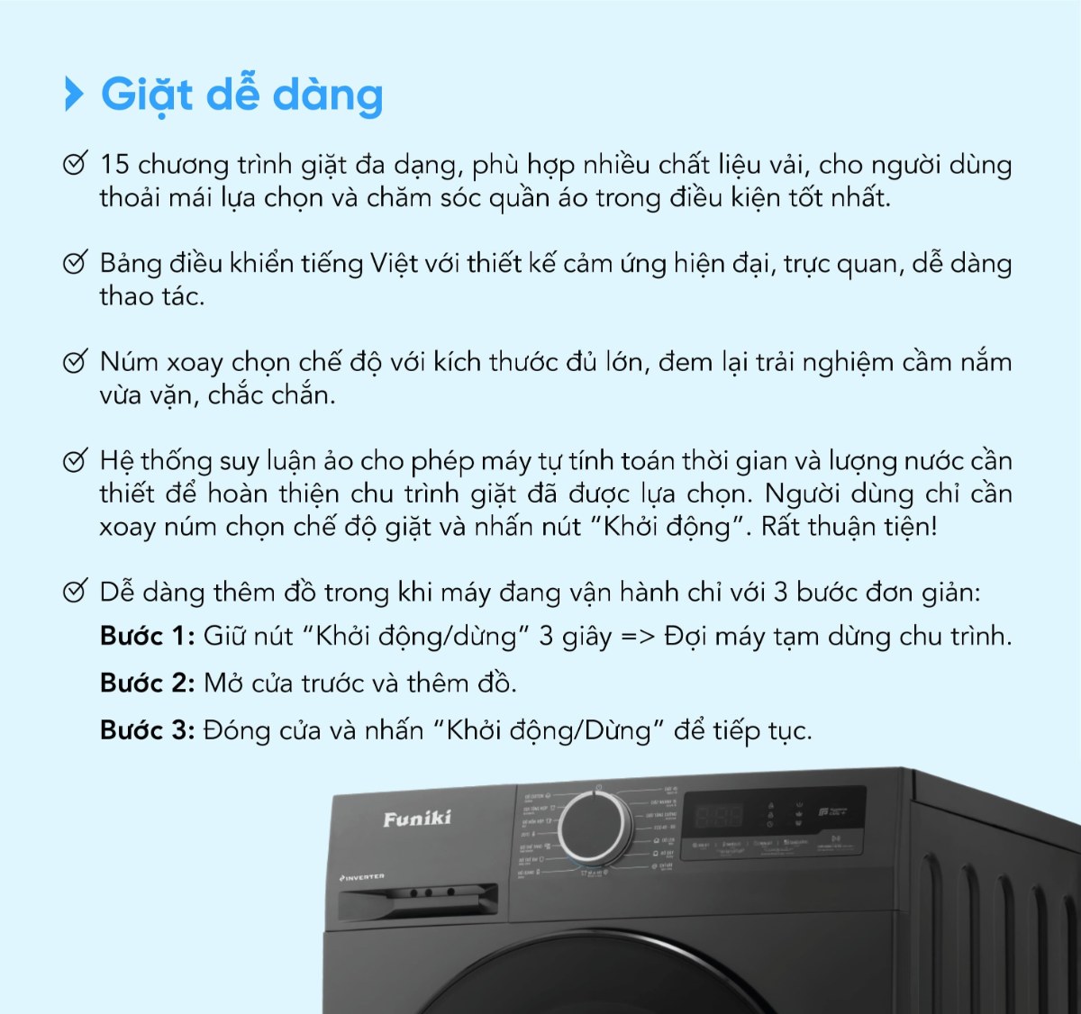 Máy giặt Funiki Inverter 8.5 kg HWM F885ADG Hàng Thái Lan - Giặt giũ dễ dàng với 15 chương trình