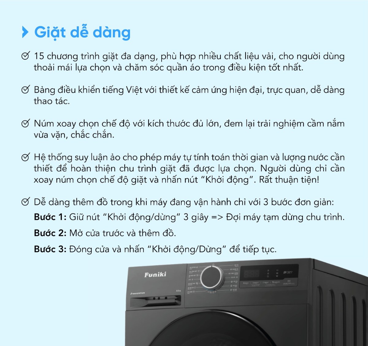 Máy giặt Funiki Inverter 9.5 kg HWM F895ADG Hàng Thái Lan - Giặt giũ dễ dàng với 15 chương trình