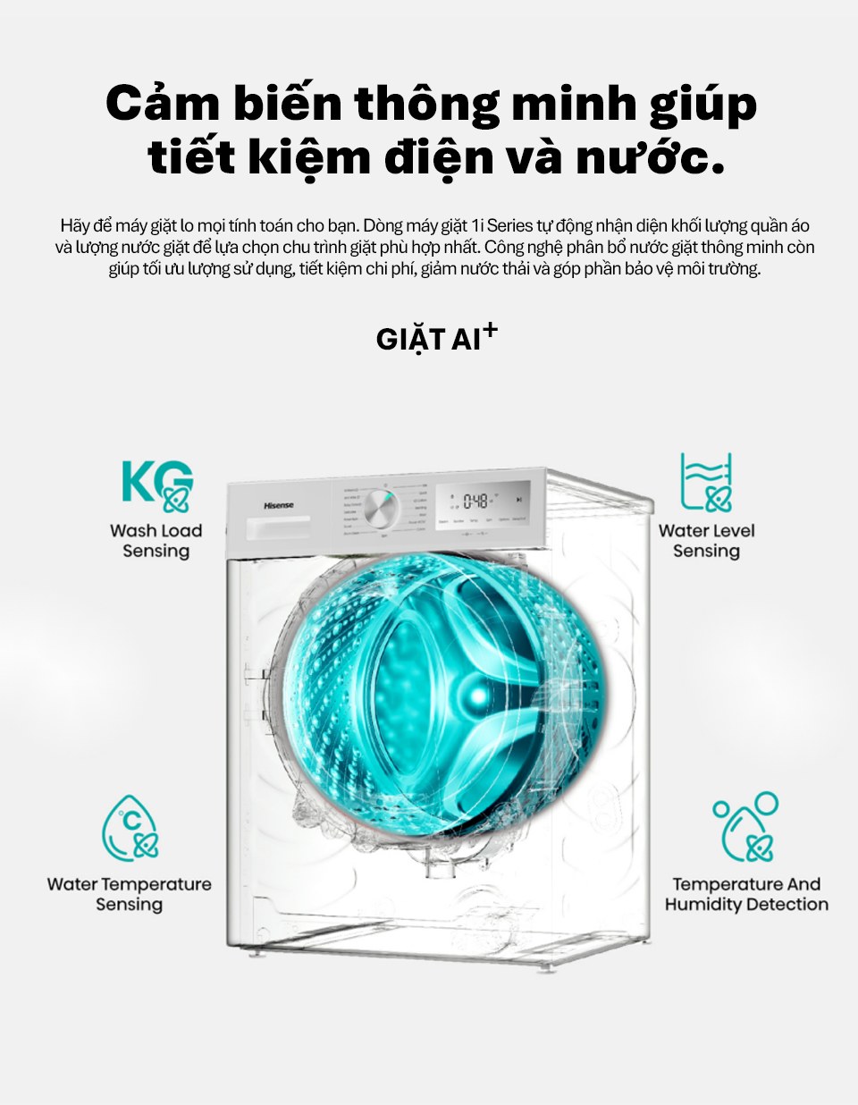 Máy giặt Hisense Inverter 12 kg WF120I142VKL Mới 2026 - Giặt AI tiết kiệm điện và nước