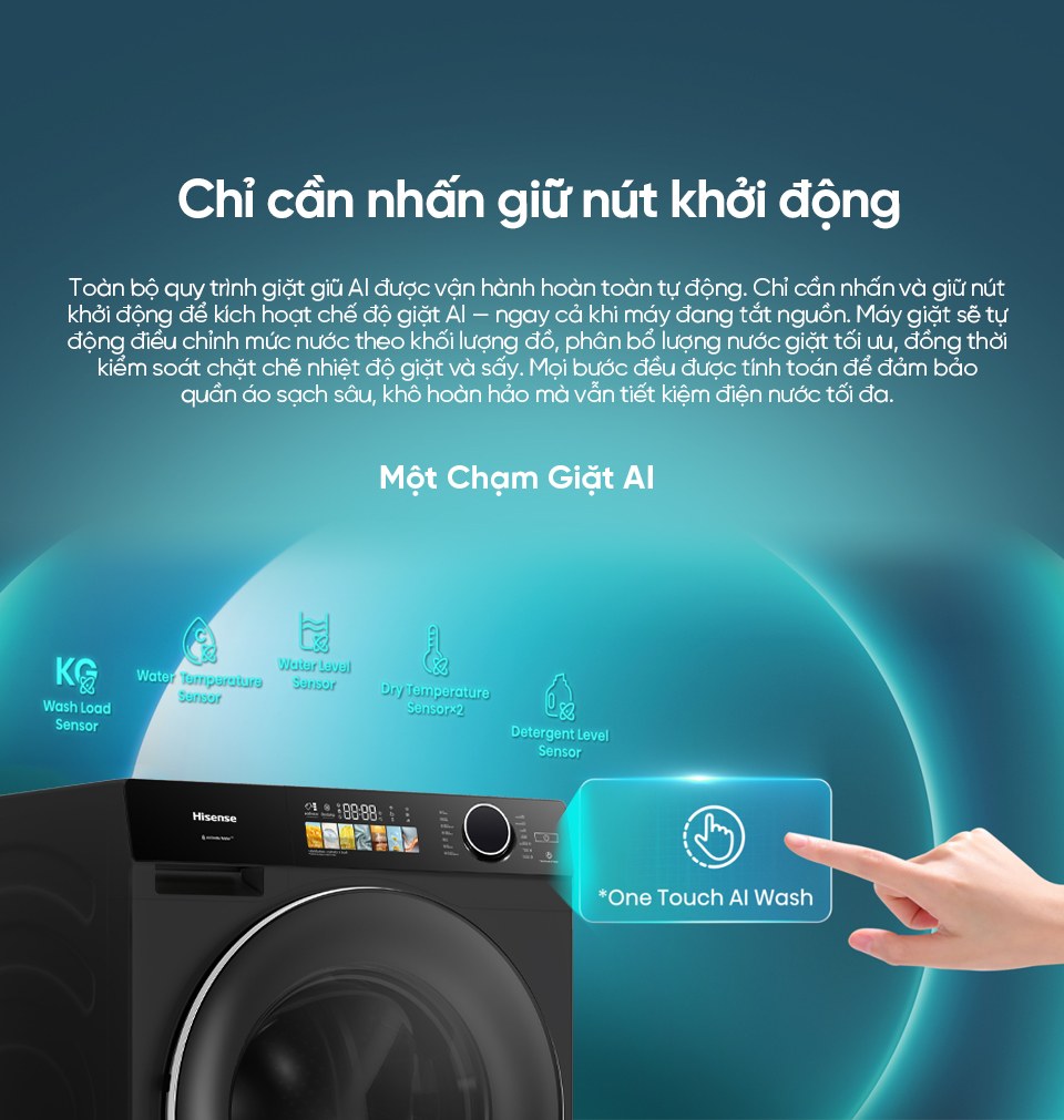 Máy giặt Hisense Inverter 12 kg WF120M5 - Giặt AI chỉ với một nút