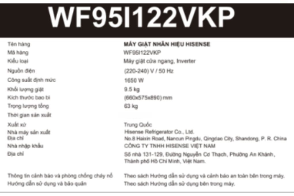 Máy giặt Hisense Inverter 9.5 kg WF95I122VKP - Inverter Pro, động cơ BLDC và tốc độ vắt 1400 vòng/phút