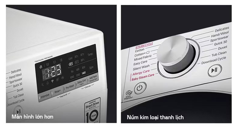 Máy giặt LG FV1410S4W1 Inverter 10kg - Màn hình hiển thị & núm xoay kim loại cao cấp