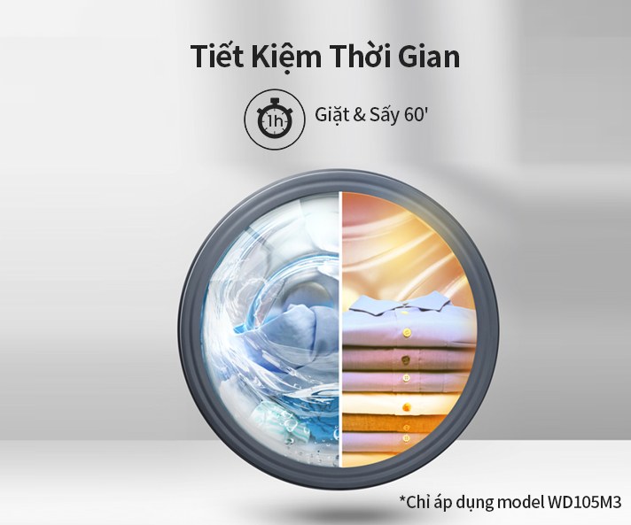 Máy giặt sấy Hisense Inverter giặt 10.5 kg sấy 7 kg WD105M3 - Giặt & sấy 60 phút tiết kiệm thời gian