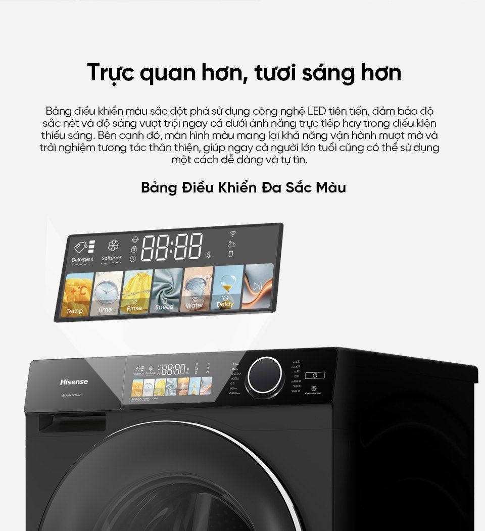 Máy giặt sấy Hisense Inverter giặt 12 kg sấy 8 kg WD120M5 - Bảng điều khiển đa sắc màu