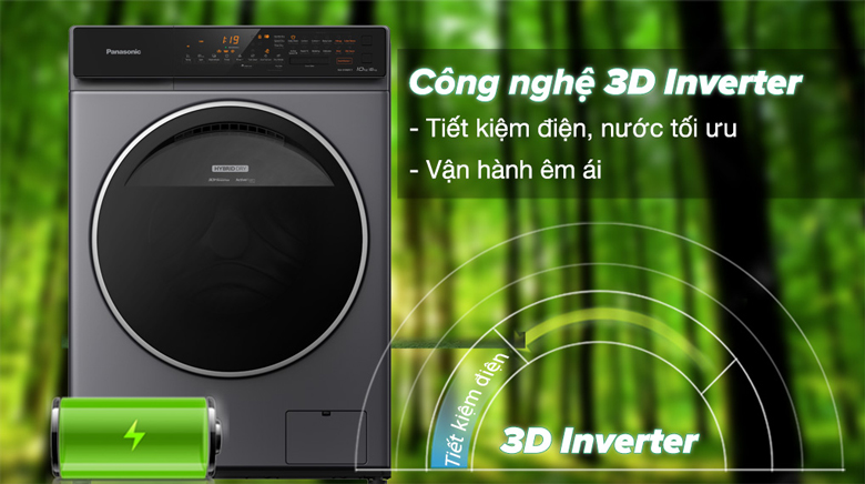 Máy giặt sấy Panasonic Inverter 10kg NA-S106FC1LV lồng ngang - Công nghệ tiết kiệm điện Inverter 3D