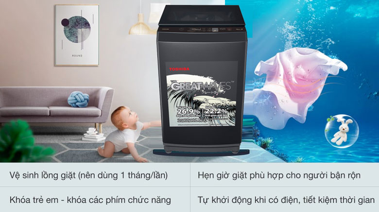 Máy giặt Toshiba 9 kg AW-M1000FV(MK) lồng đứng - Nhiều tiện ích thông minh