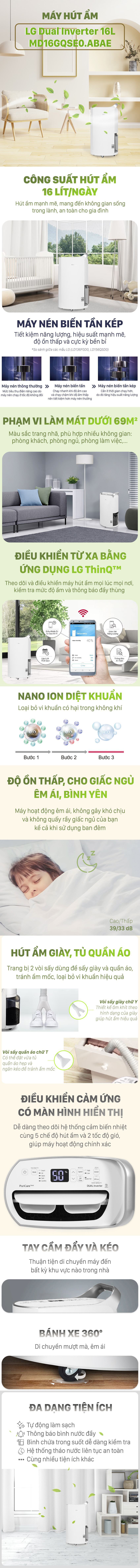 Máy hút ẩm LG Dual Inverter 16L MD16GQSE0 - Bình chứa nước 4 lít trong suốt, tự ngắt khi đầy