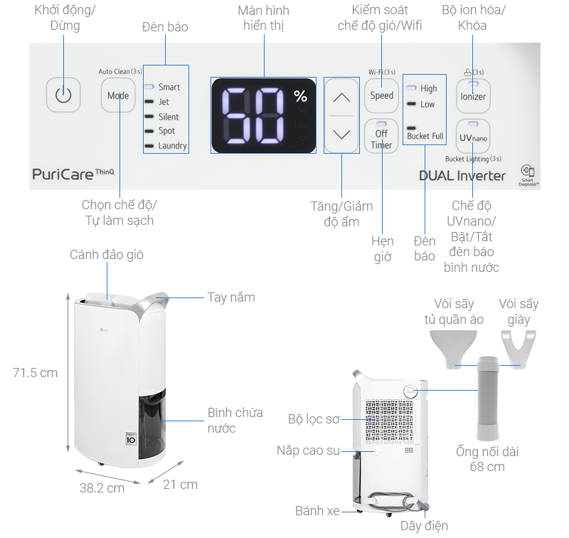 Máy hút ẩm LG Dual Inverter 16L MD16GQSE0 - Thiết kế thon gọn, có bánh xe di chuyển dễ dàng