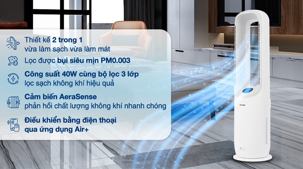 Máy lọc không khí kết hợp quạt Philips Air Performer Series 7000 70m² AMF765/30 - 2 trong 1: Lọc không khí và làm mát trong một thiết bị