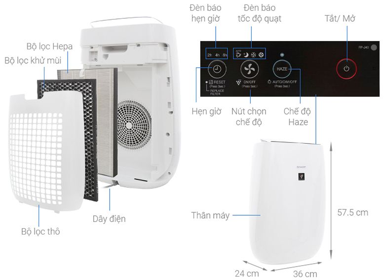 kích thước Máy lọc không khí Sharp FP-J40E-W