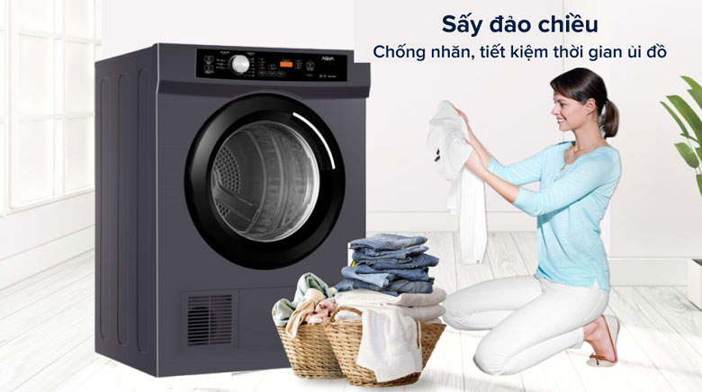 Máy sấy thông hơi Aqua 8kg AQH-V800H.SS - Sấy đảo chiều giảm xoắn rối, giảm nhăn