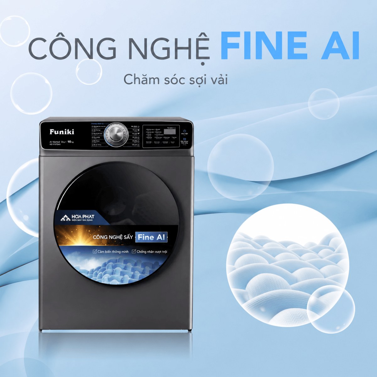 Máy sấy thông hơi Funiki 10 kg HD V6100AG - Công nghệ sấy FINE AI chăm sóc sợi vải