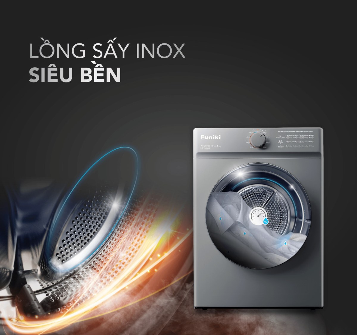 Máy sấy thông hơi Funiki 8 kg HD V680AG - Lồng sấy inox siêu bền