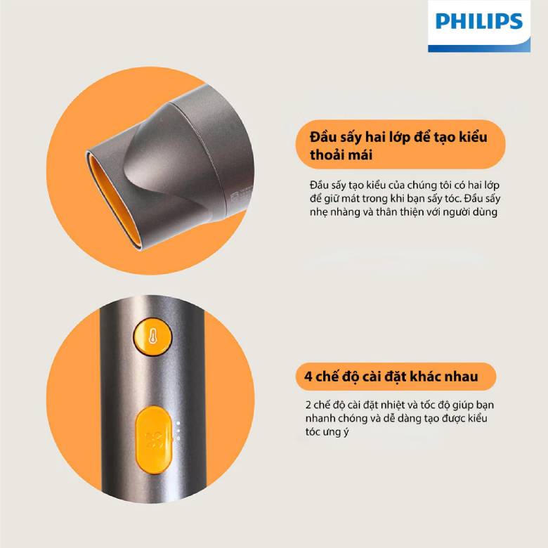 Máy sấy tóc Philips BHD321 1600W - 4 cài đặt sấy linh hoạt