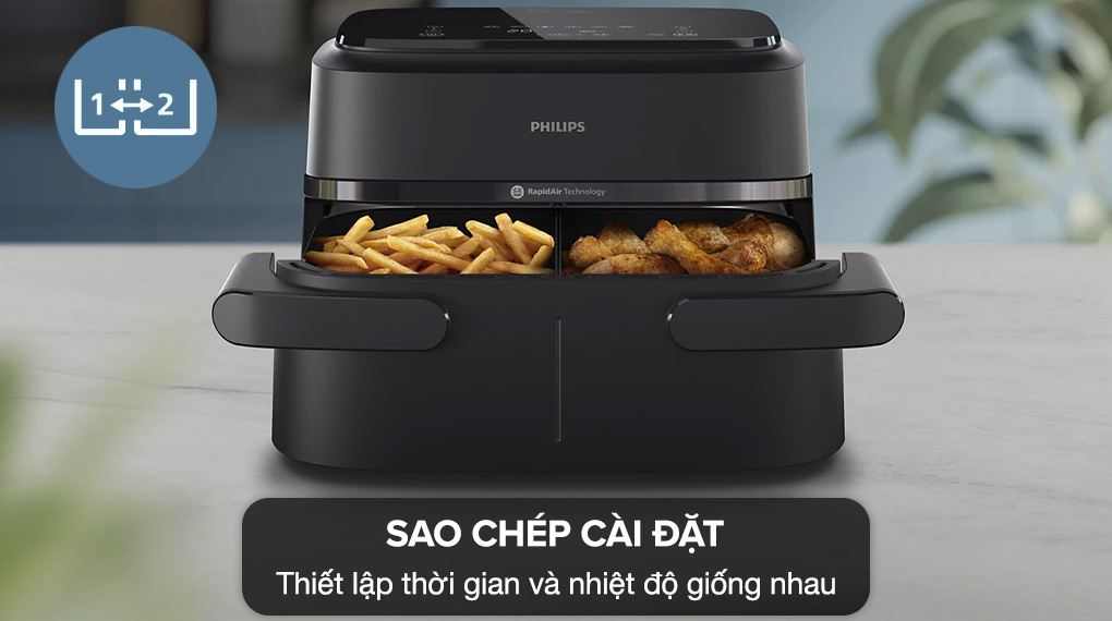 Nồi chiên không dầu Philips NA150/00 7.1 lít - Chức năng sao chép Nồi chiên không dầu hai ngăn Philips 7.1 lít NA150/00 Series 1000 - Sao chép, đồng bộ thời gian và chương trình cài sẵn