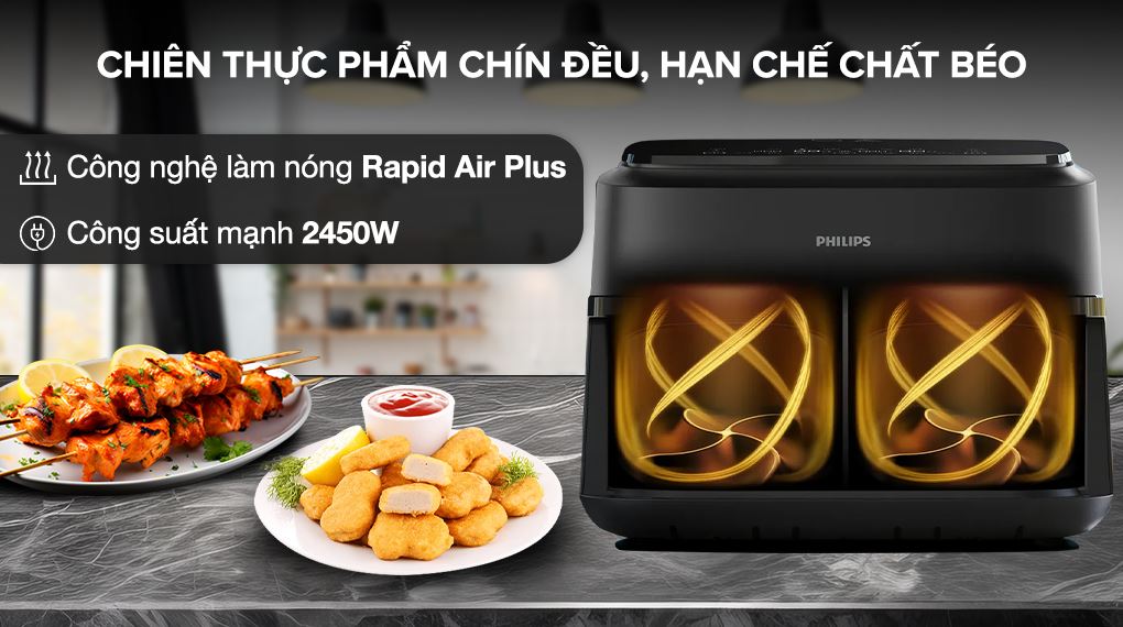 Nồi chiên không dầu Philips NA150/00 7.1 lít - Công nghệ nấu, công suất Nồi chiên không dầu hai ngăn Philips 7.1 lít NA150/00 Series 1000 - Rapid Air Plus, công suất 2450W