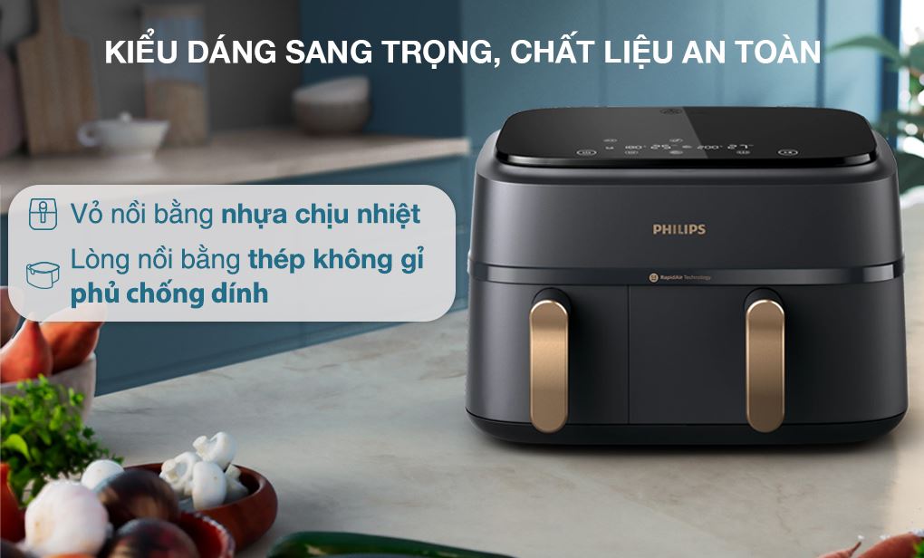 Nồi chiên không dầu Philips NA352/00 9 lít - Kiểu dáng, chất liệu Nồi chiên không dầu hai ngăn Philips 9 lít NA352/00 - Thiết kế và chất liệu
