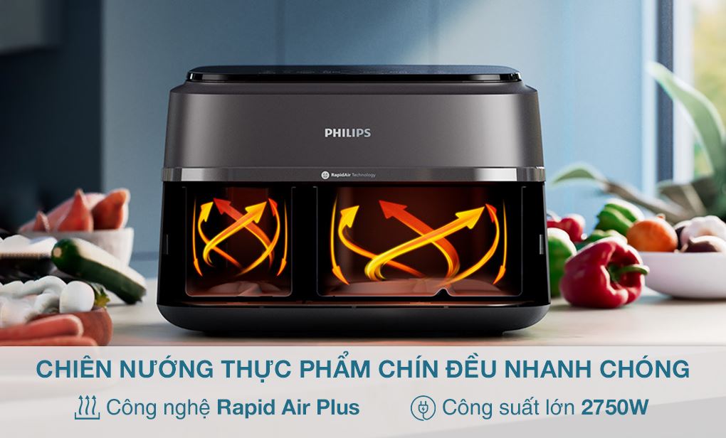 Nồi chiên không dầu Philips NA352/00 9 lít - Công nghệ Rapid Air Plus Nồi chiên không dầu hai ngăn Philips 9 lít NA352/00 - Rapid Air Plus, công suất 2750W