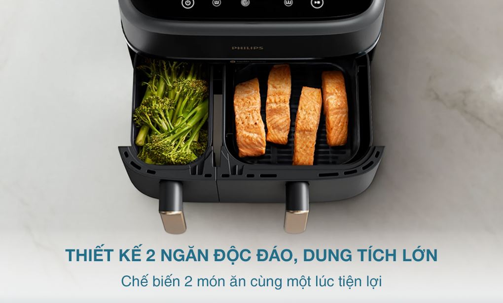 Nồi chiên không dầu Philips NA352/00 9 lít - Thiết kế 2 ngăn độc đáo Nồi chiên không dầu hai ngăn Philips 9 lít NA352/00 - Hai ngăn hai kích cỡ