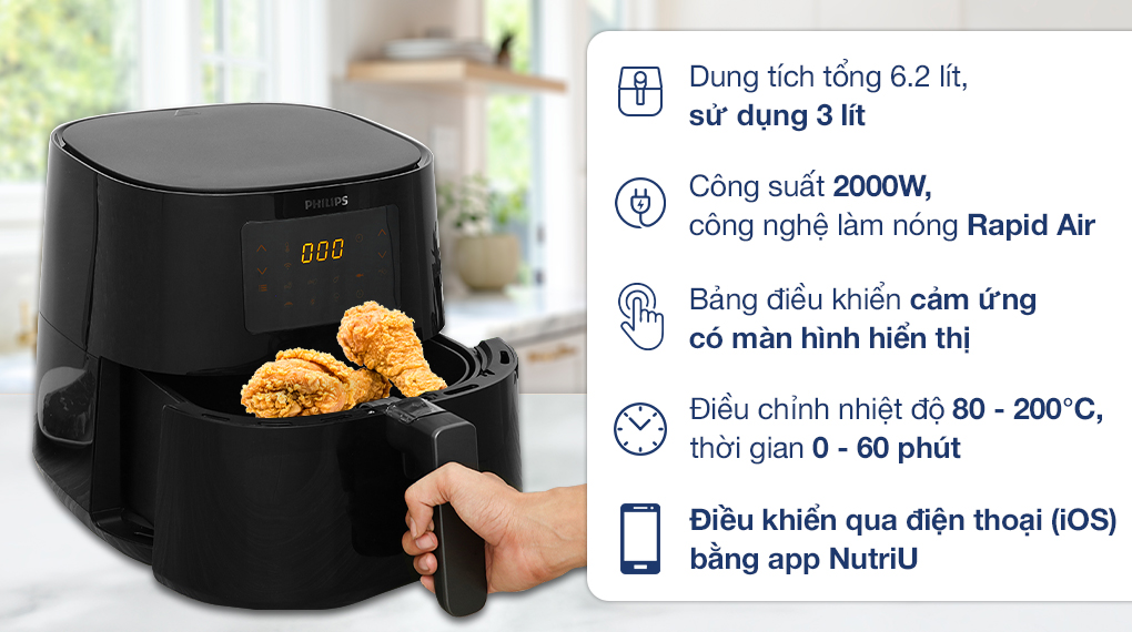 Nồi chiên không dầu Philips 6.2 lít HD9280/90 Series 5000 - Dung tích và công suất