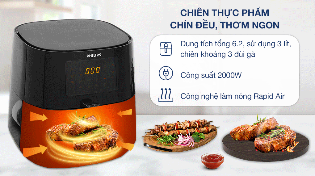 Nồi chiên không dầu Philips HD9280/90 6.2 lít - Công nghệ Nồi chiên không dầu Philips 6.2 lít HD9280/90 Series 5000 - Rapid Air, chỉnh nhiệt và thời gian