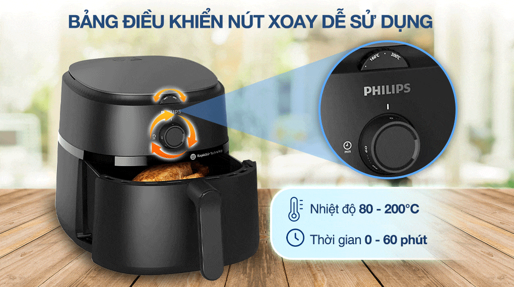 Nồi chiên không dầu Philips 6.2 lít NA130/00 Series 1000 - Núm xoay chỉnh nhiệt và thời gian
