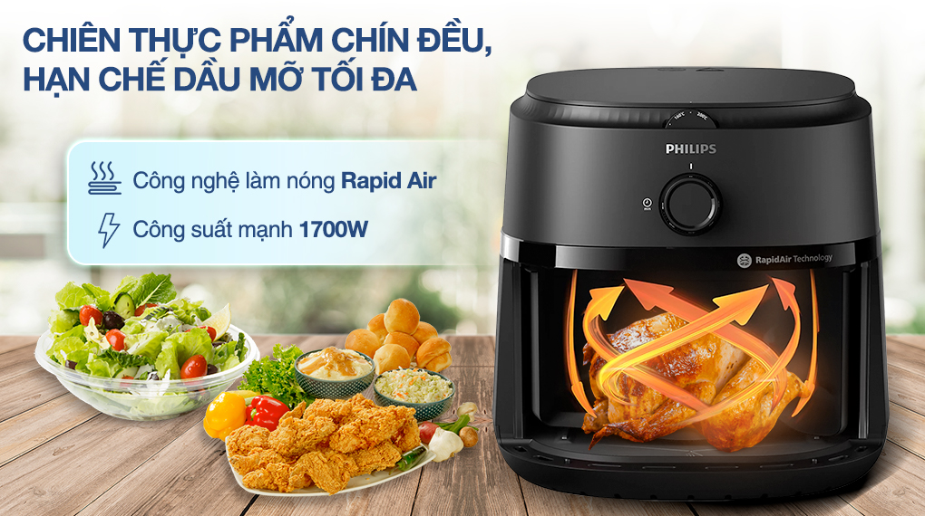 Nồi chiên không dầu Philips NA130/00 6.2 lít - Công nghệ, công suất Nồi chiên không dầu Philips 6.2 lít NA130/00 Series 1000 - Rapid Air và công suất 1700W